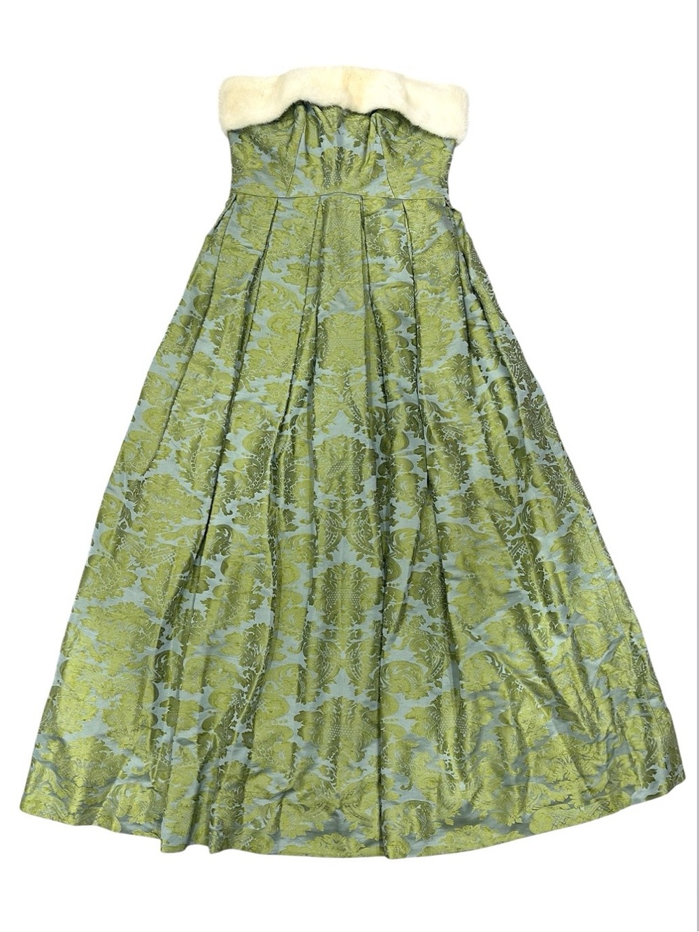 Vintage MCM Strapless Mink Fur Trim Metallic Brocade Formal Ball Gown Maxi Dress